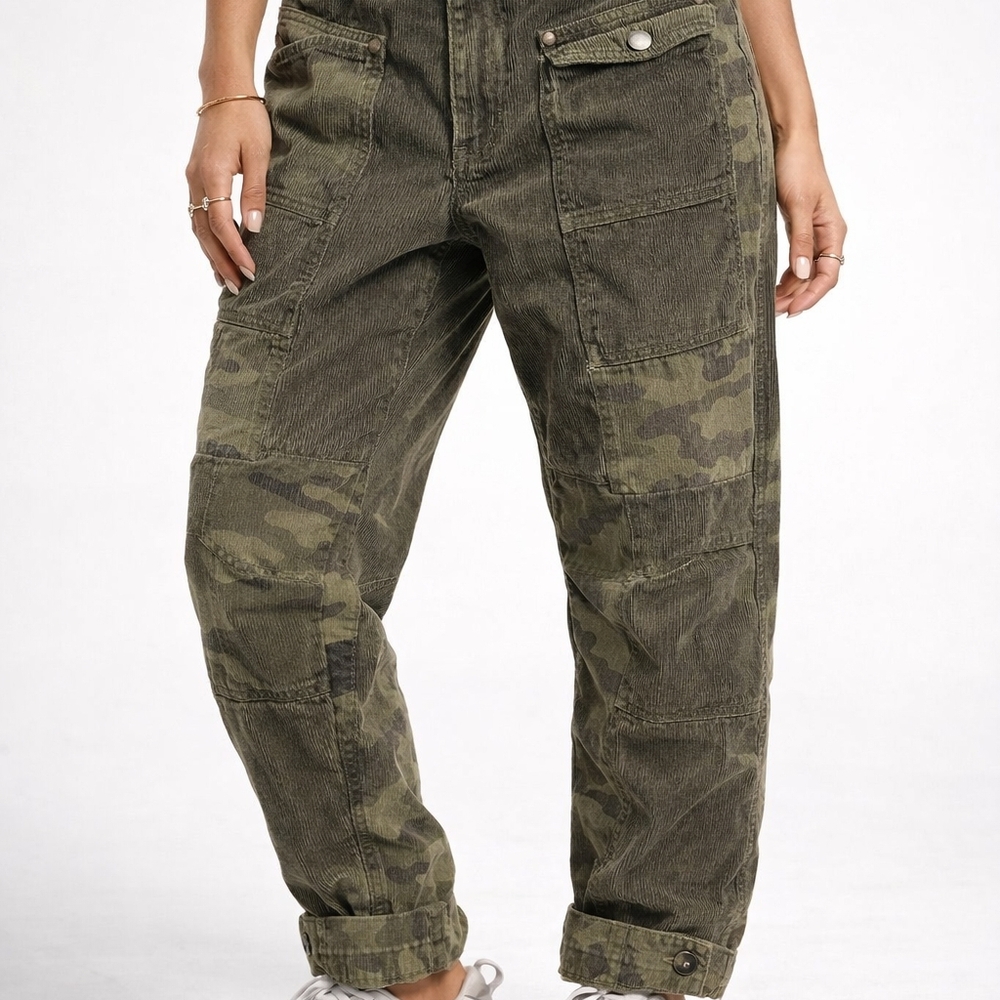 OH Women’s Medium Camo Corduroy Cargo Pants Patchwork Utility Y2K